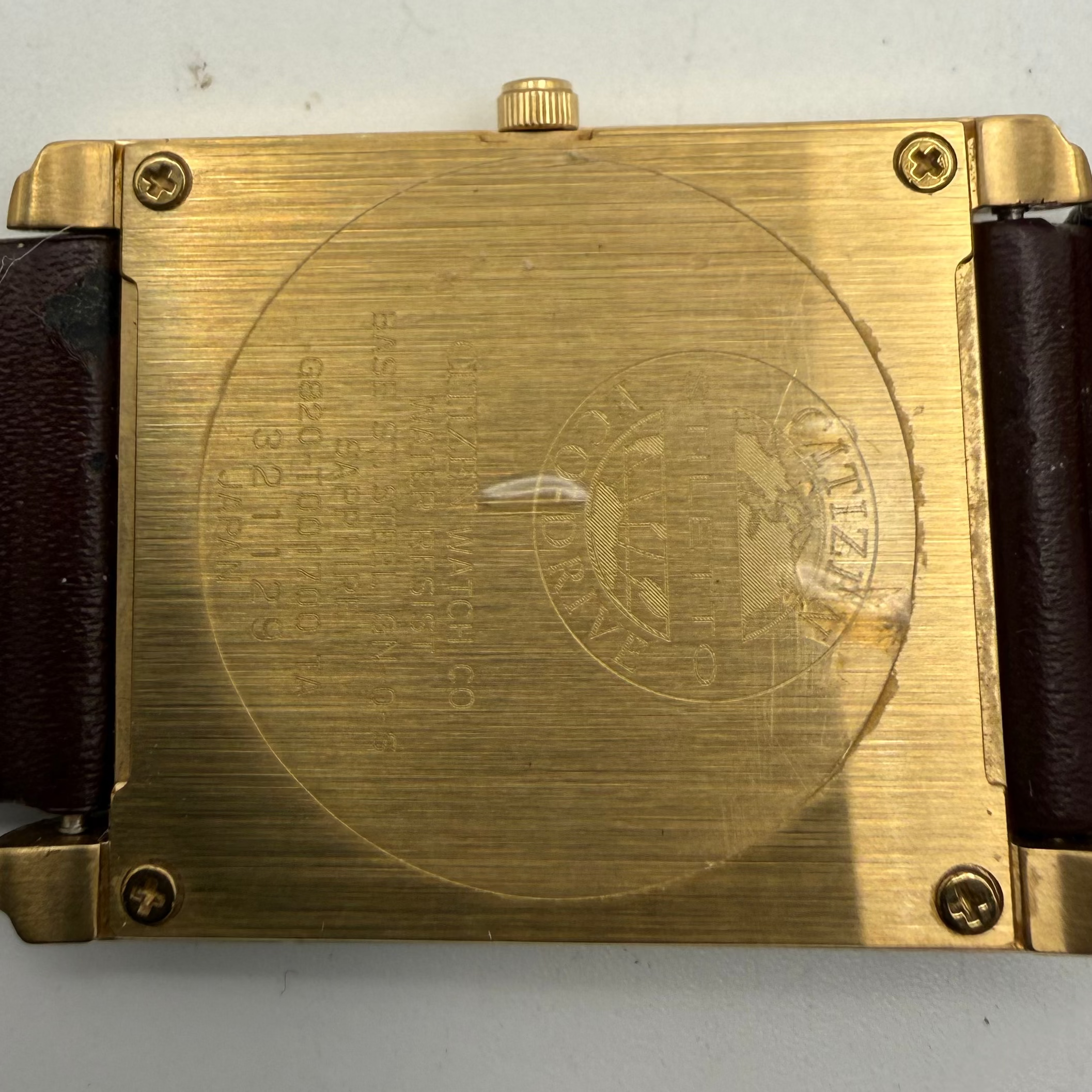 Citizen Eco-Drive Rectangular Gold-Tone Dress Watch – Classic Roman Dial | Leather Strap- £39.99