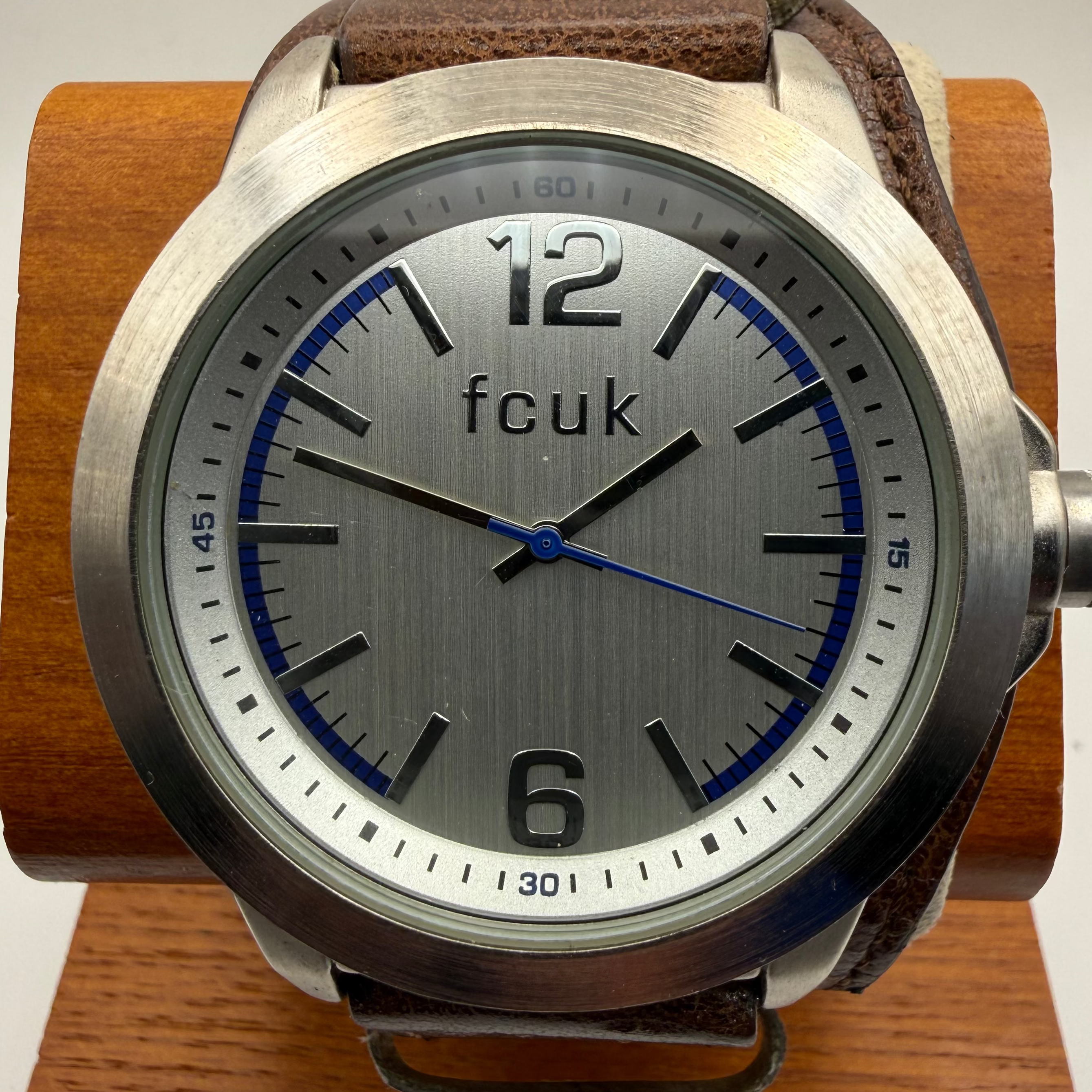 FCUK Oversized Stainless Steel Grey Dial Watch – Brown Leather Stra- £39.95