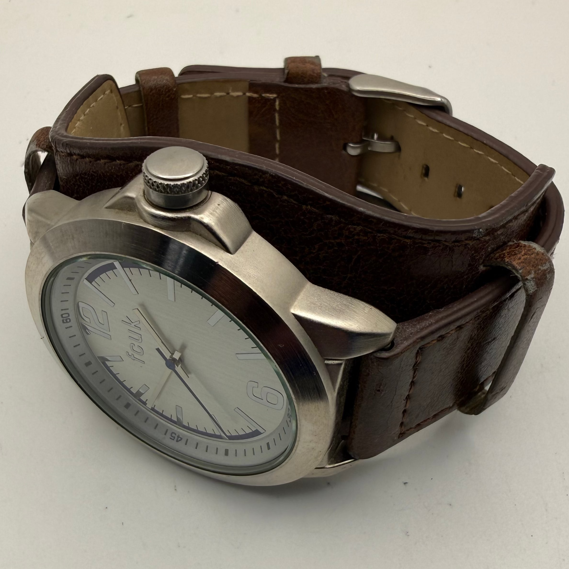 FCUK Oversized Stainless Steel Grey Dial Watch – Brown Leather Stra- £39.95