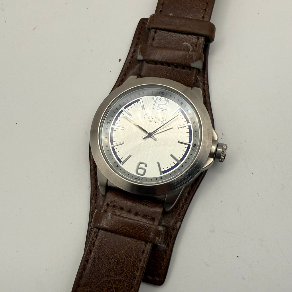 FCUK Oversized Stainless Steel Grey Dial Watch – Brown Leather Stra- £39.95