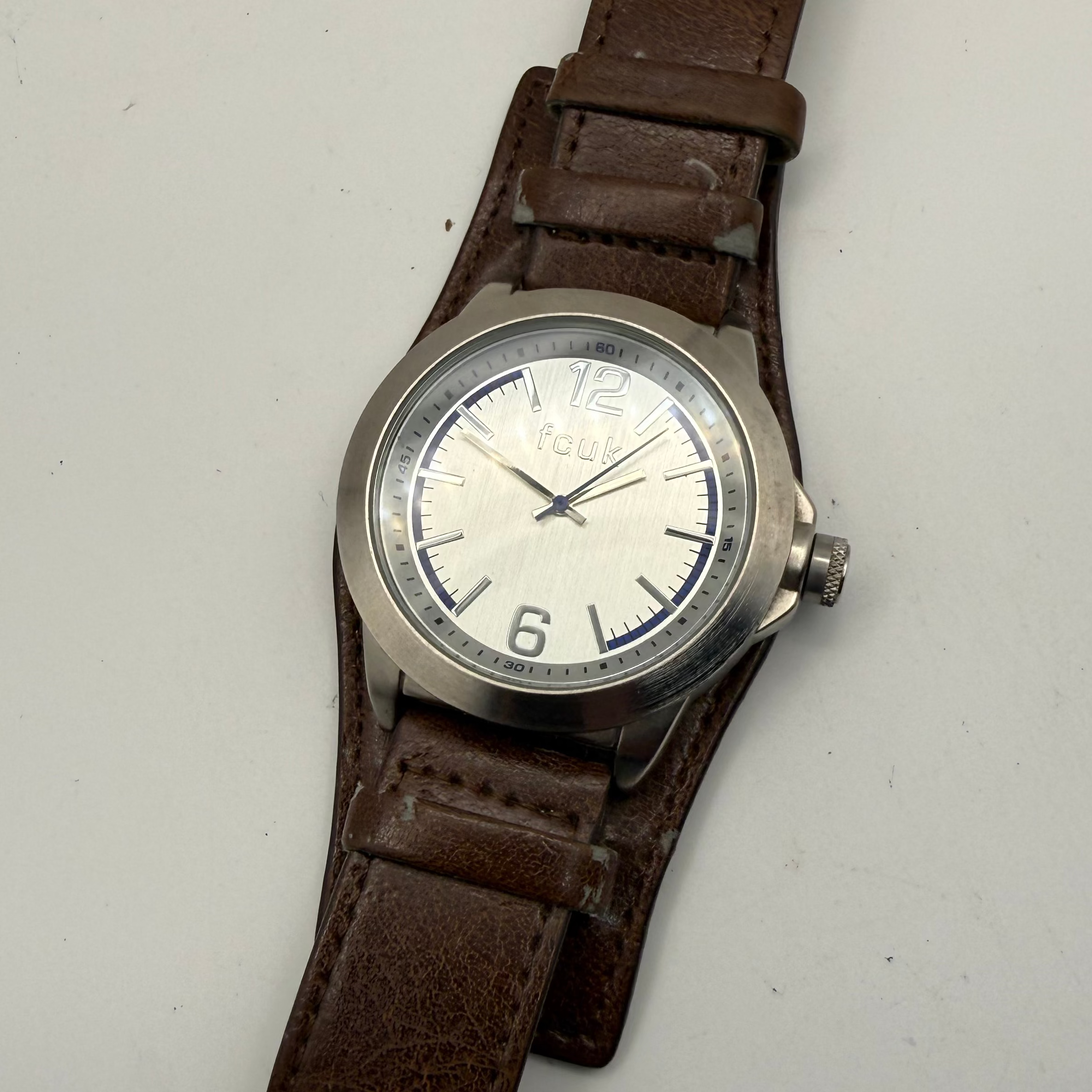 FCUK Oversized Stainless Steel Grey Dial Watch – Brown Leather Stra- £39.95