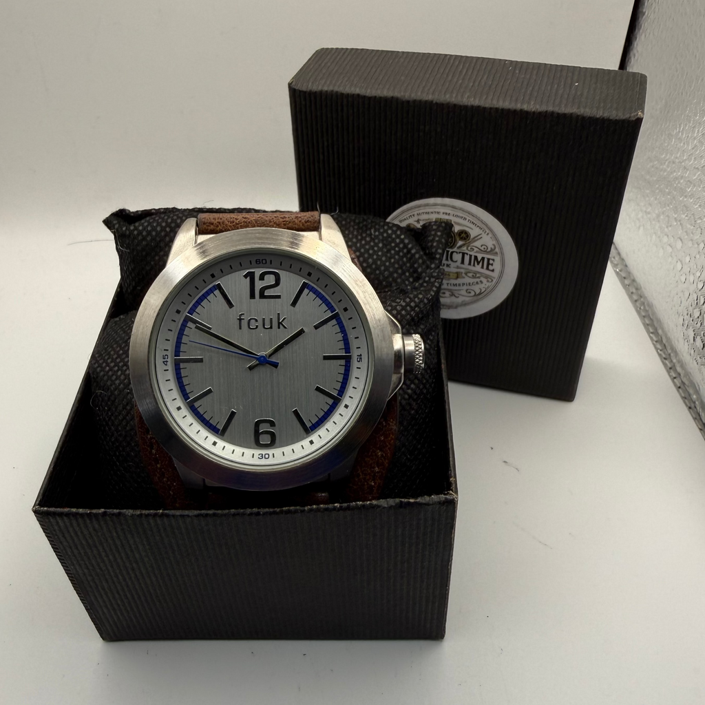 FCUK Oversized Stainless Steel Grey Dial Watch – Brown Leather Stra- £39.95