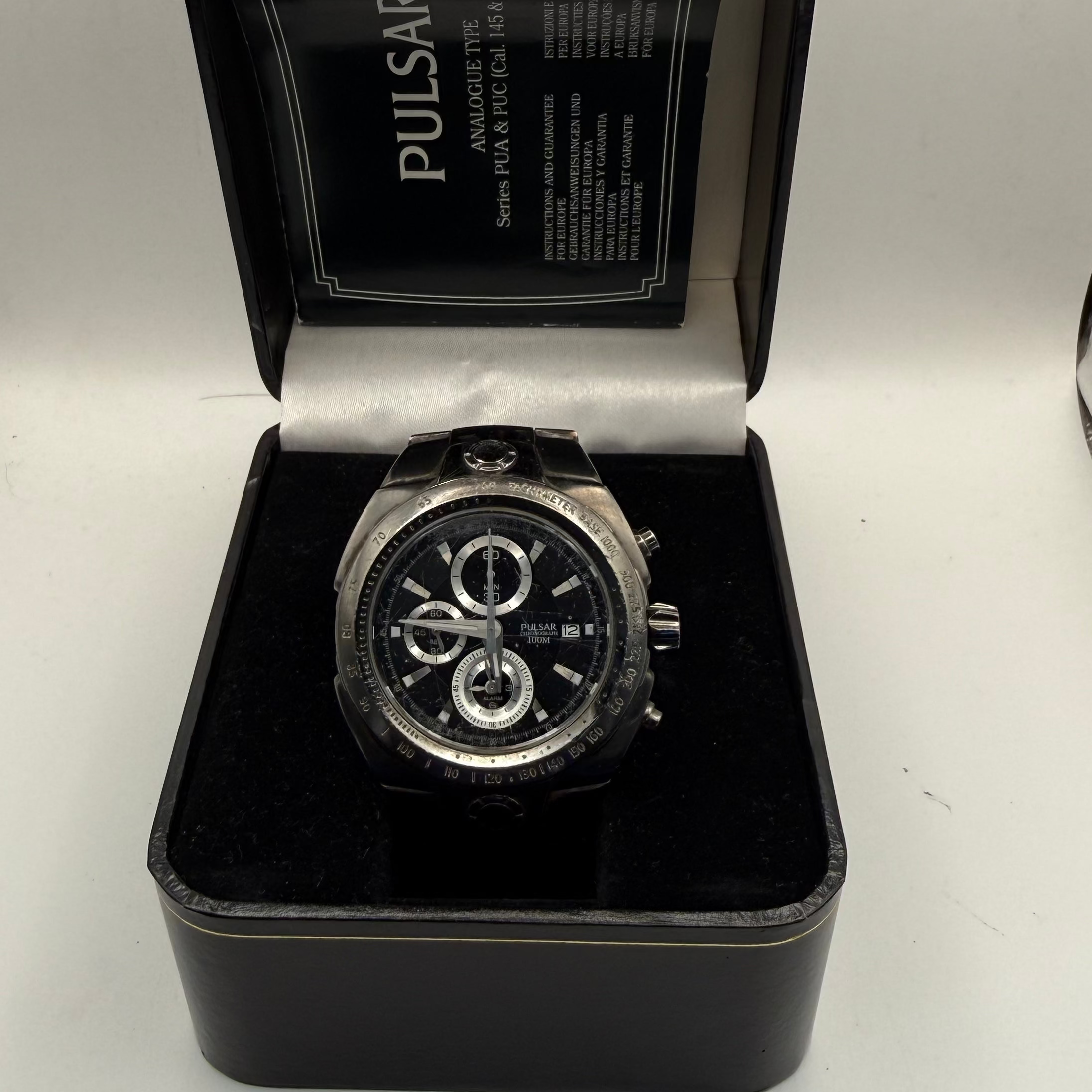 Pulsar Chronograph Alarm 100M Stainless Steel Watch – Black Dial- £49.99