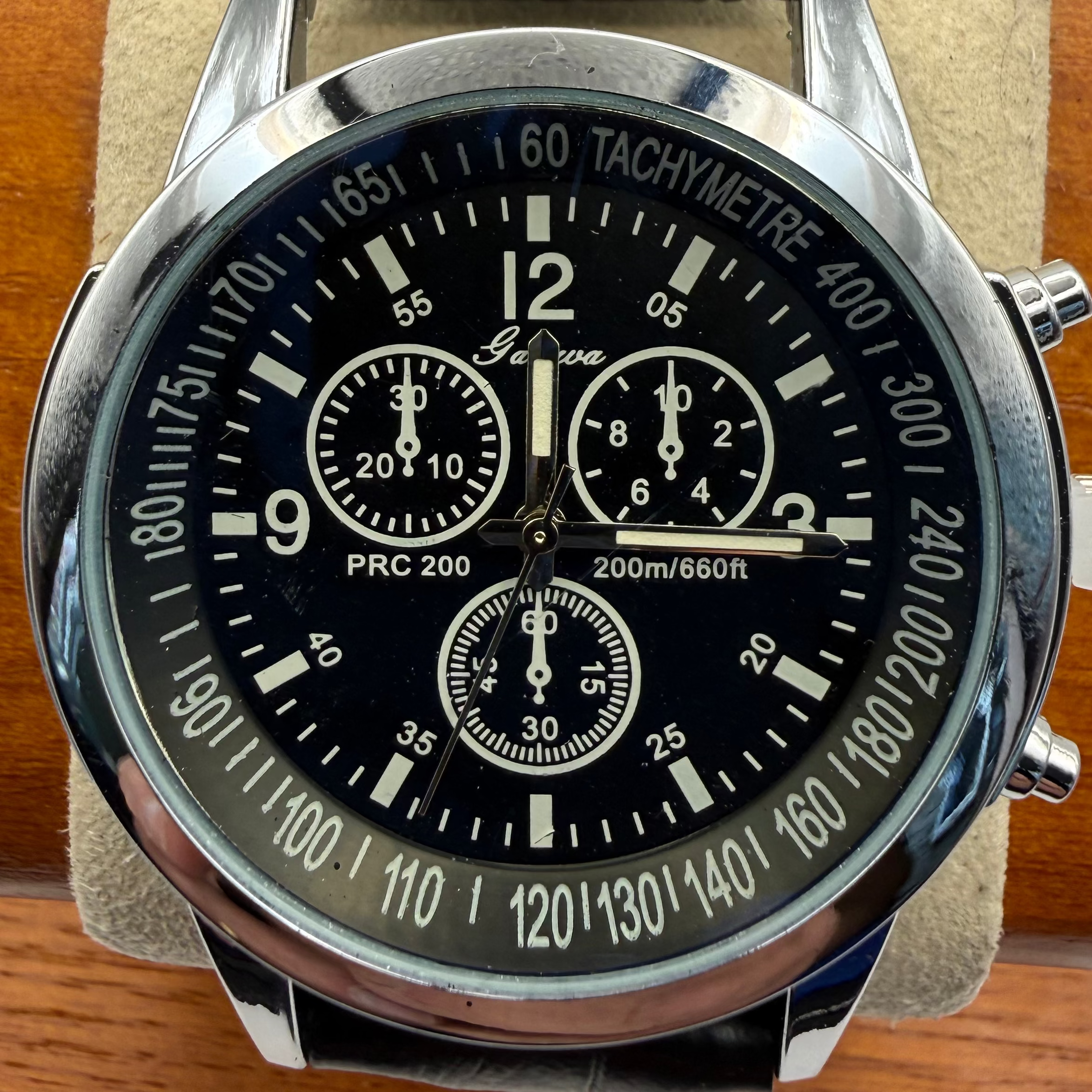 Geneva PRC 200 Style Black Dial Chronograph Fashion Watch – New – Black Strap- £12.50