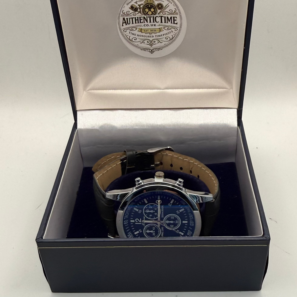 Geneva PRC 200 Style Black Dial Chronograph Fashion Watch – New – Black Strap- £12.50