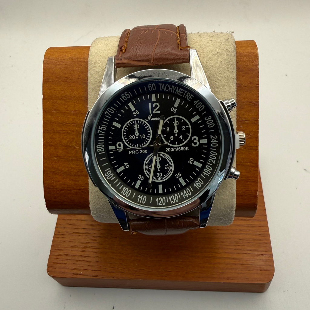 Geneva PRC 200 Style Chronograph Watch – Black Dial | Brown Leather Strap | Tachymeter Bezel- £12.50