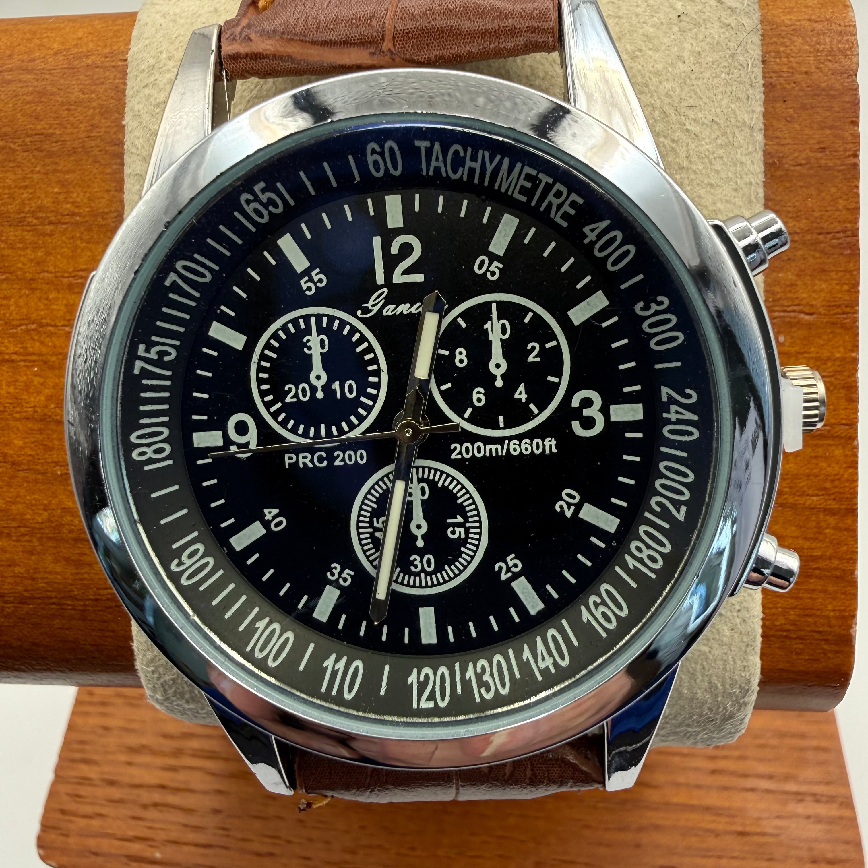 Geneva PRC 200 Style Chronograph Watch – Black Dial | Brown Leather Strap | Tachymeter Bezel- £12.50