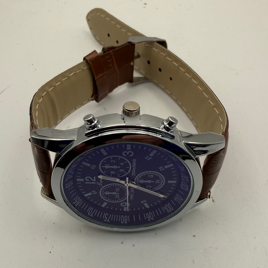 Geneva PRC 200 Style Chronograph Watch – Black Dial | Brown Leather Strap | Tachymeter Bezel- £12.50