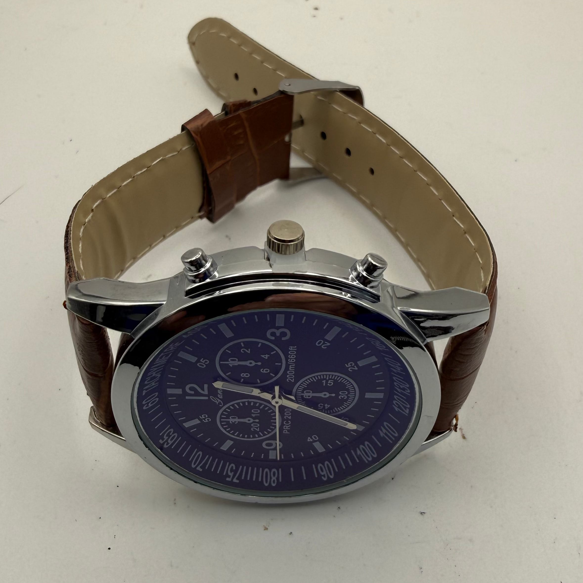 Geneva PRC 200 Style Chronograph Watch – Black Dial | Brown Leather Strap | Tachymeter Bezel- £12.50