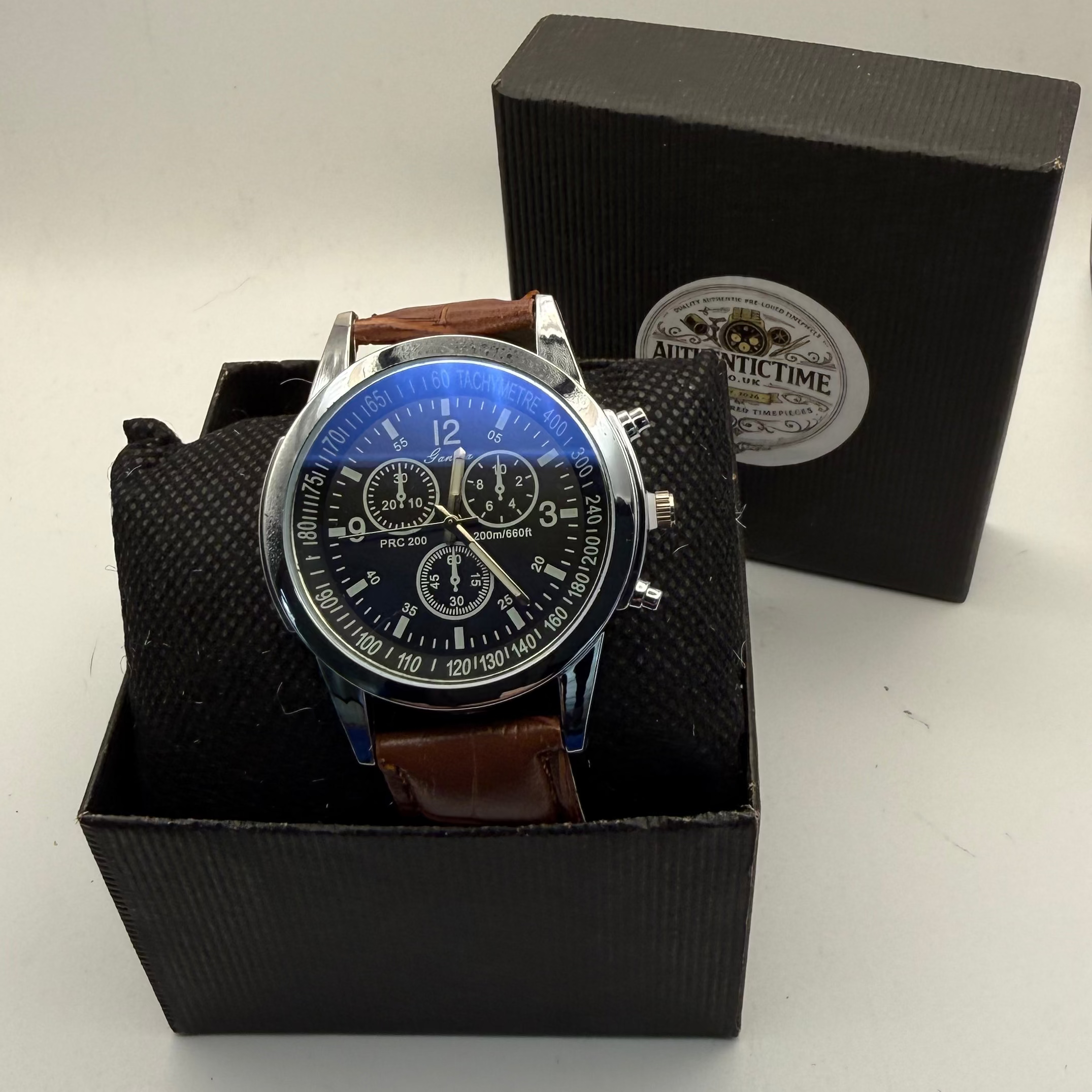 Geneva PRC 200 Style Chronograph Watch – Black Dial | Brown Leather Strap | Tachymeter Bezel- £12.50