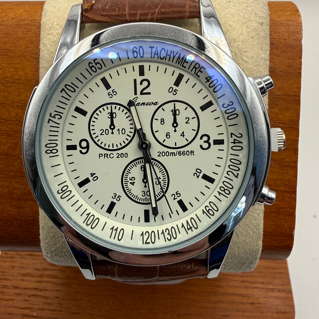 Geneva PRC 200 Style Chronograph Watch – White Dial | Brown Leather Strap |- £12.50