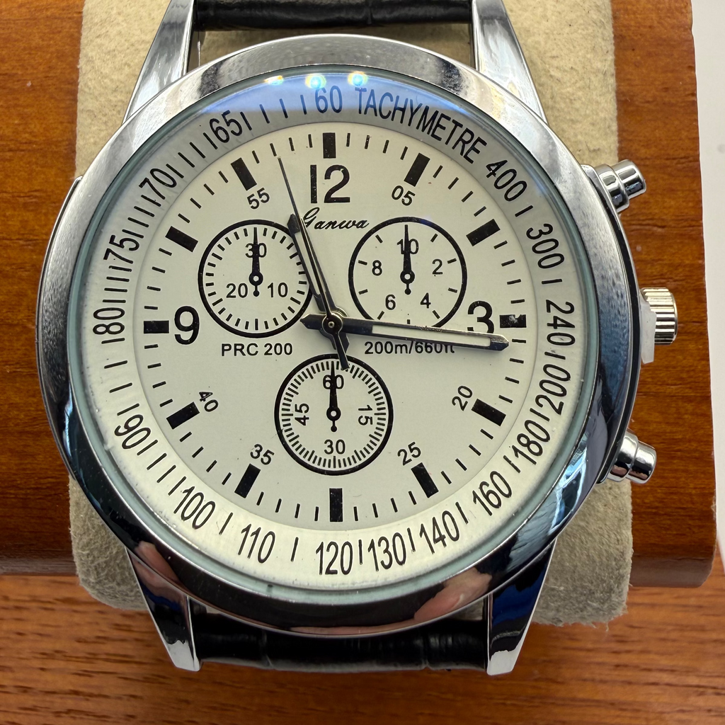 Geneva PRC 200 Style Chronograph Watch – White Dial | Black Leather Strap |- £12.50
