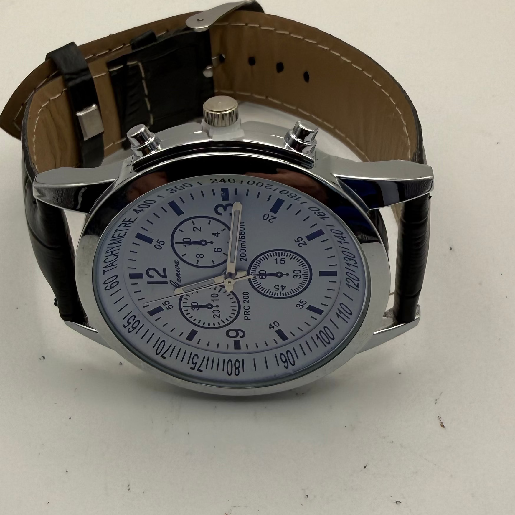Geneva PRC 200 Style Chronograph Watch – White Dial | Black Leather Strap |- £12.50