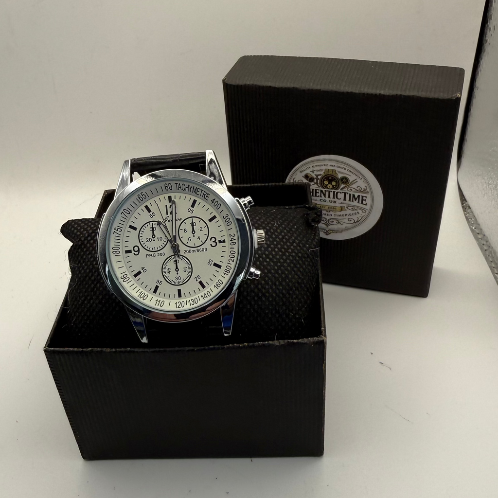 Geneva PRC 200 Style Chronograph Watch – White Dial | Black Leather Strap |- £12.50