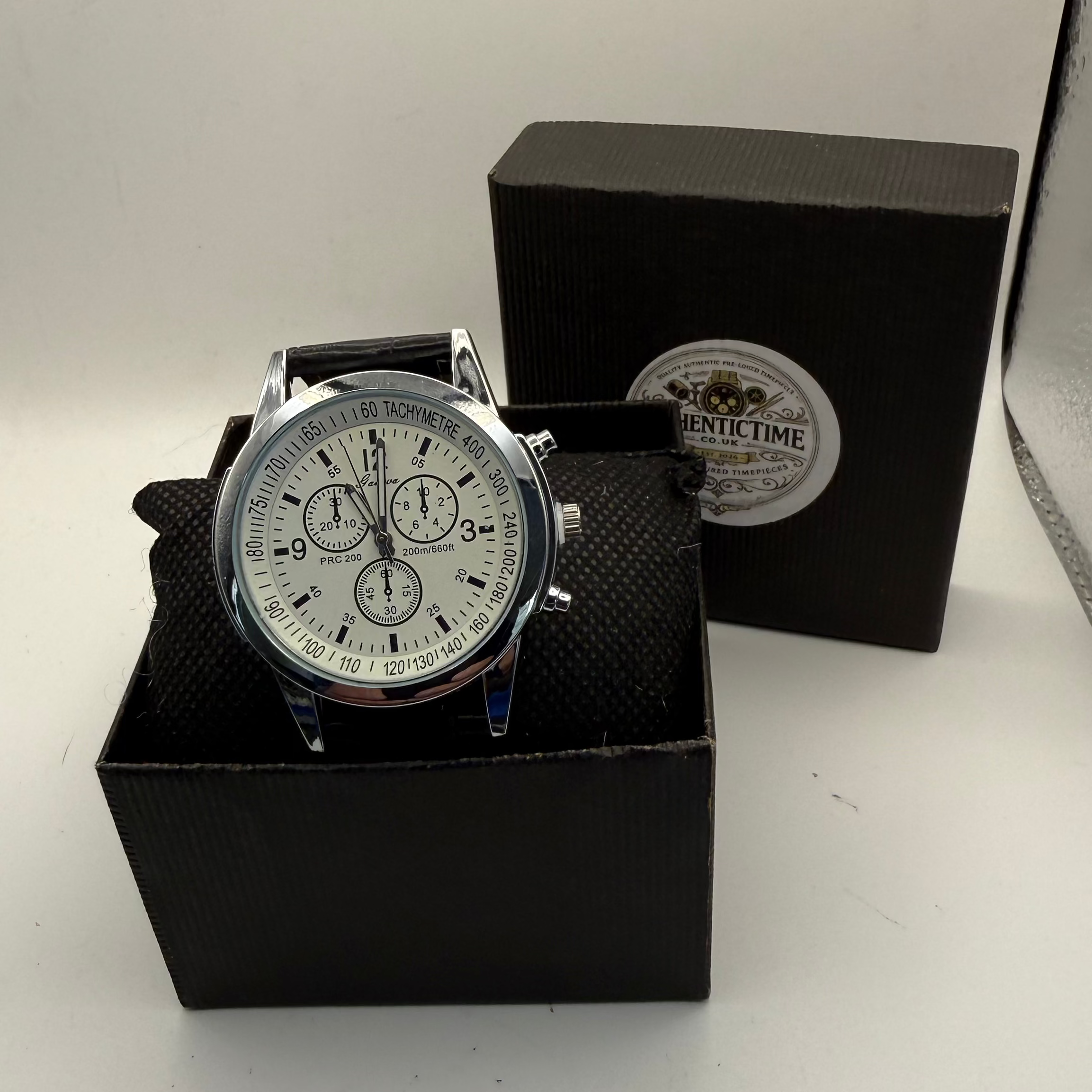 Geneva PRC 200 Style Chronograph Watch – White Dial | Black Leather Strap |- £12.50