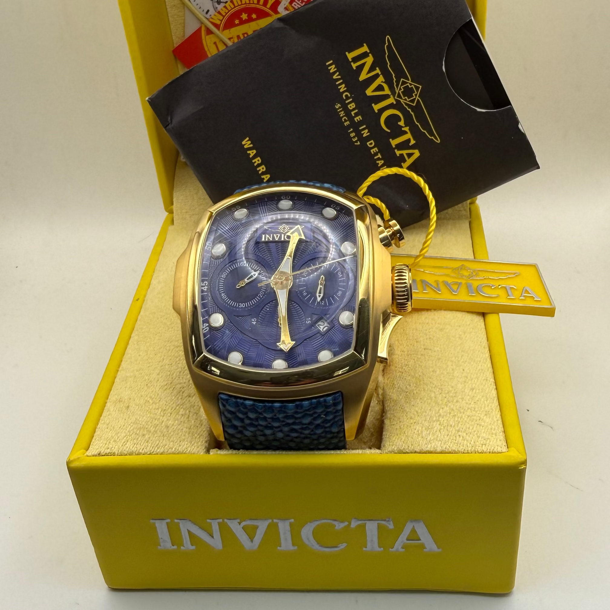 Invicta Lupah Chronograph 24035 Blue Dial Gold Tone 46.5mm Full Set- £109.99