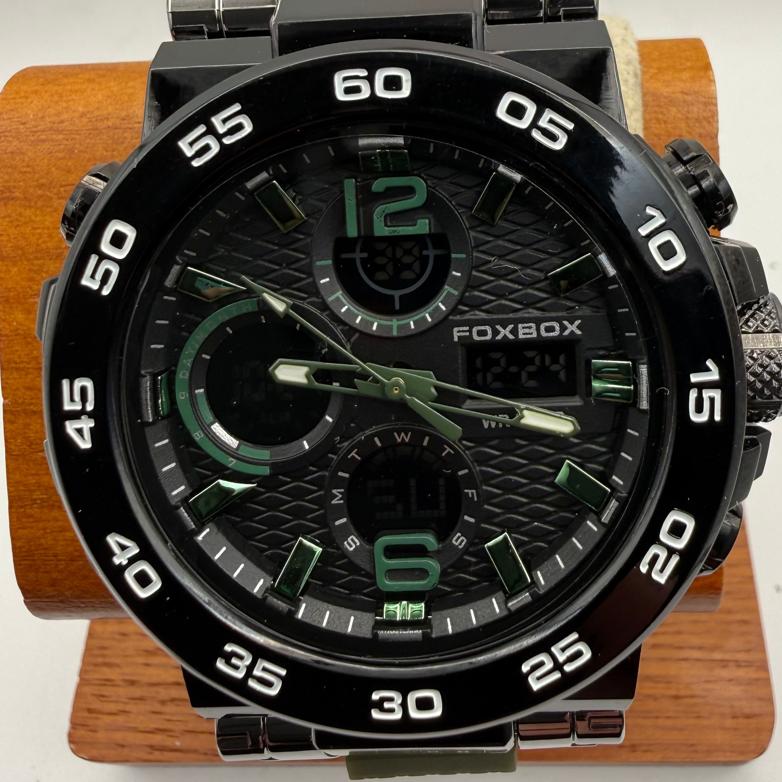 Foxbox Men's Dual Display Sports Watch Black & Green Silicone Strap New Boxed- £25.00