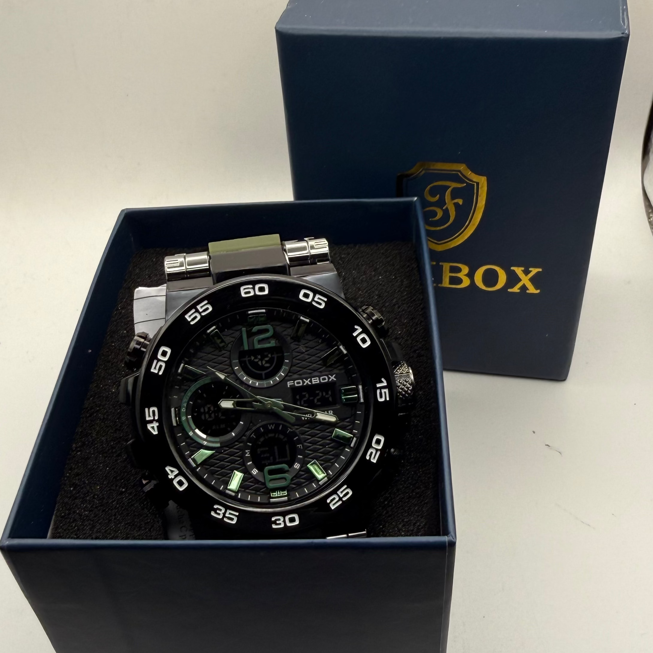 Foxbox Men's Dual Display Sports Watch Black & Green Silicone Strap New Boxed- £25.00