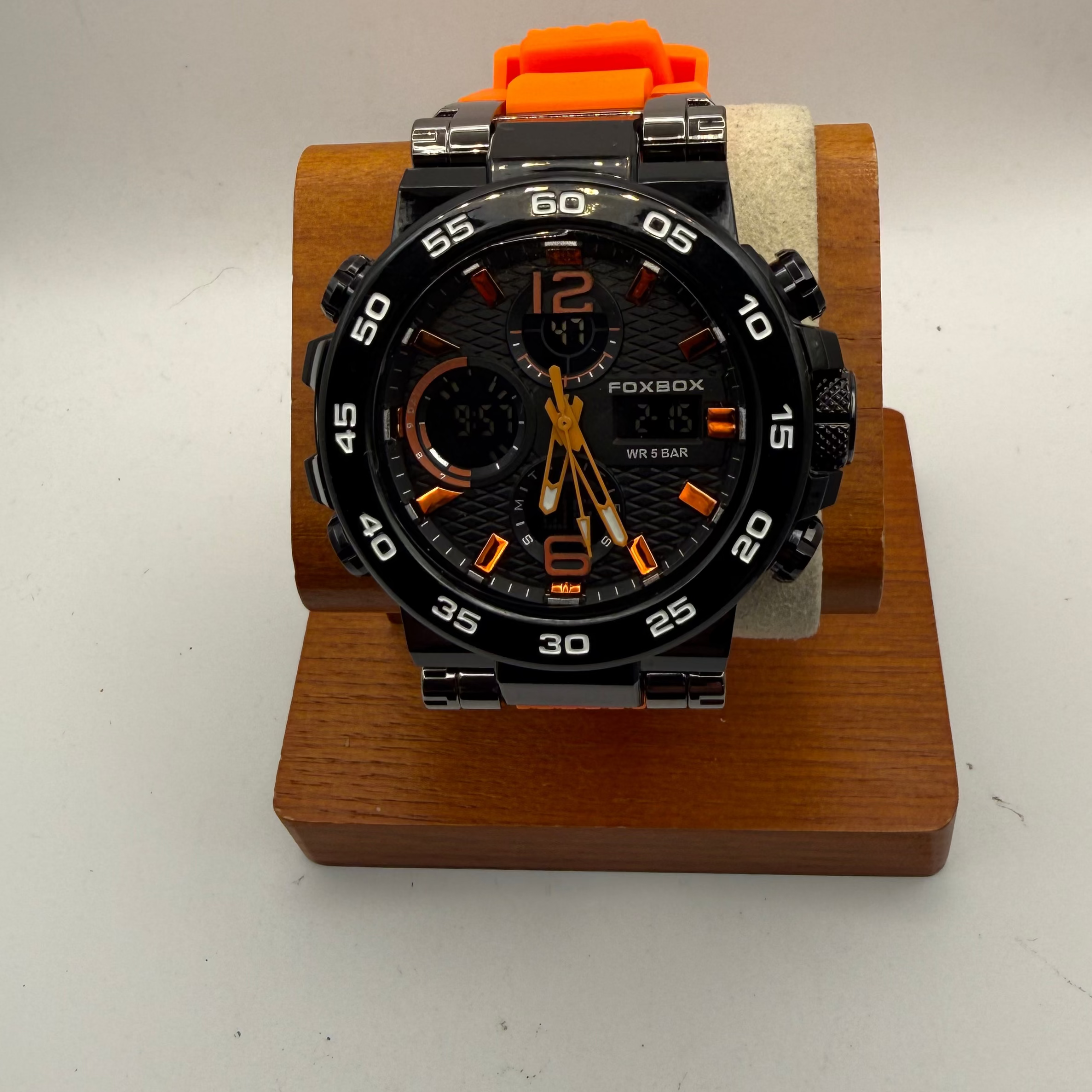 Foxbox Men's Dual Display Sports Watch Black Case Orange Accents Orange Silicone Strap New Boxed- £25.00