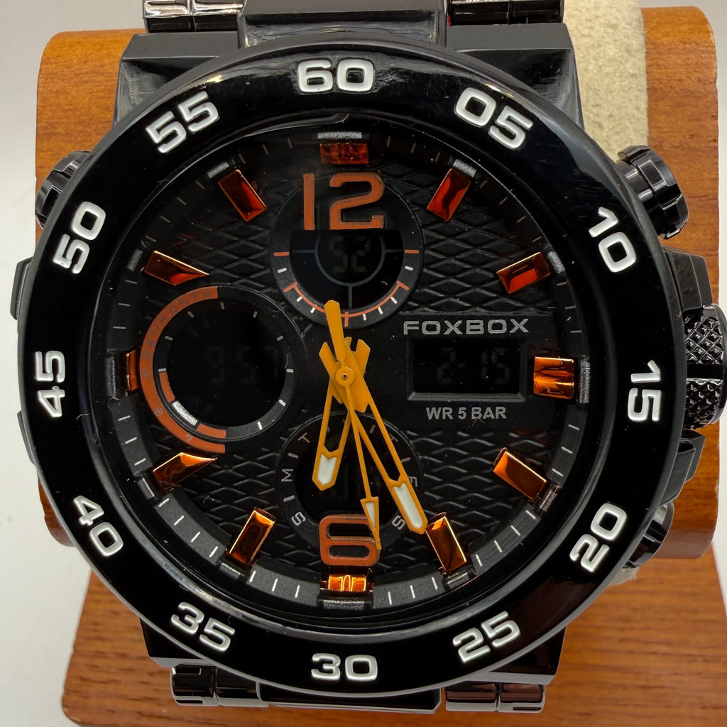 Foxbox Men's Dual Display Sports Watch Black Case Orange Accents Orange Silicone Strap New Boxed- £25.00
