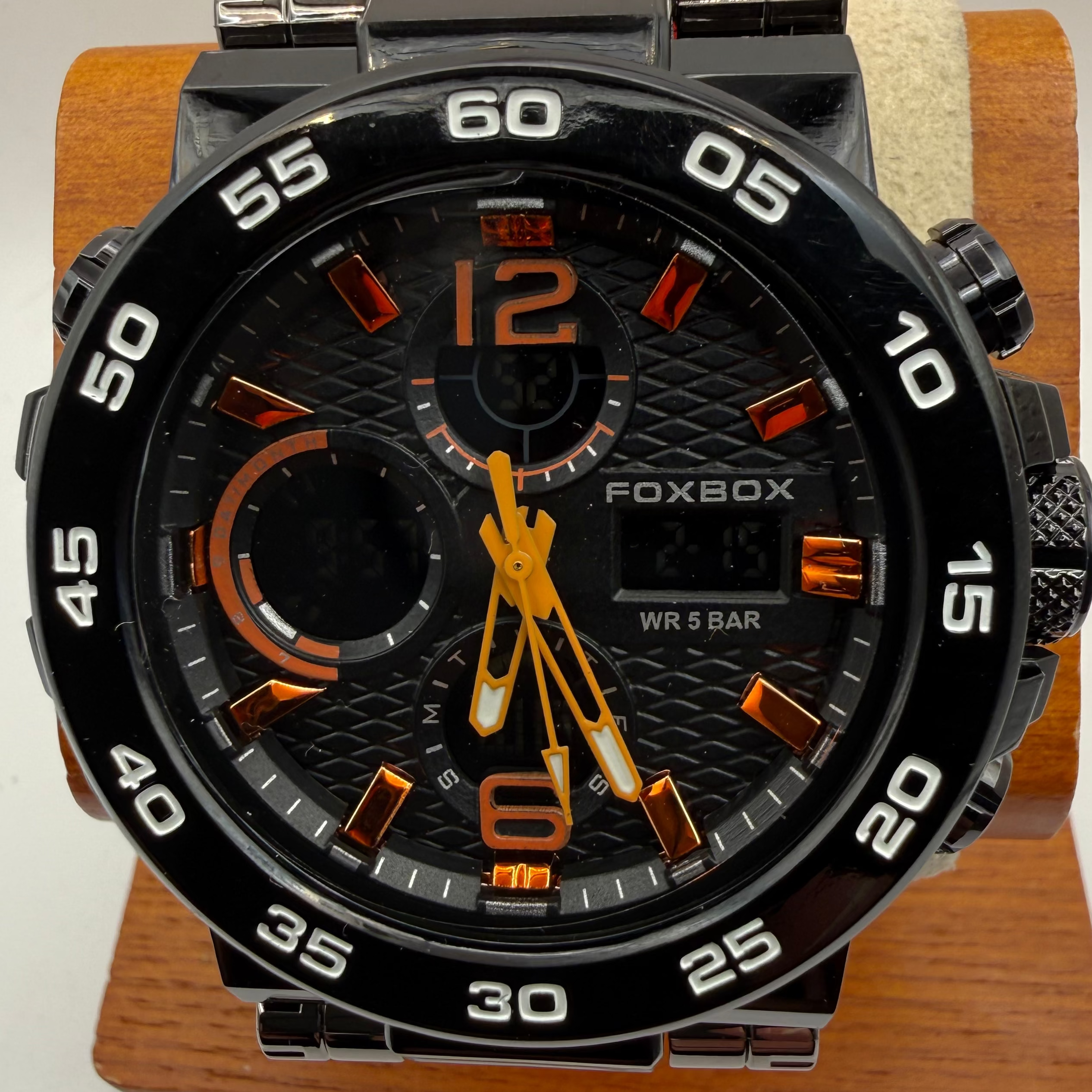 Foxbox Men's Dual Display Sports Watch Black Case Orange Accents Orange Silicone Strap New Boxed- £25.00