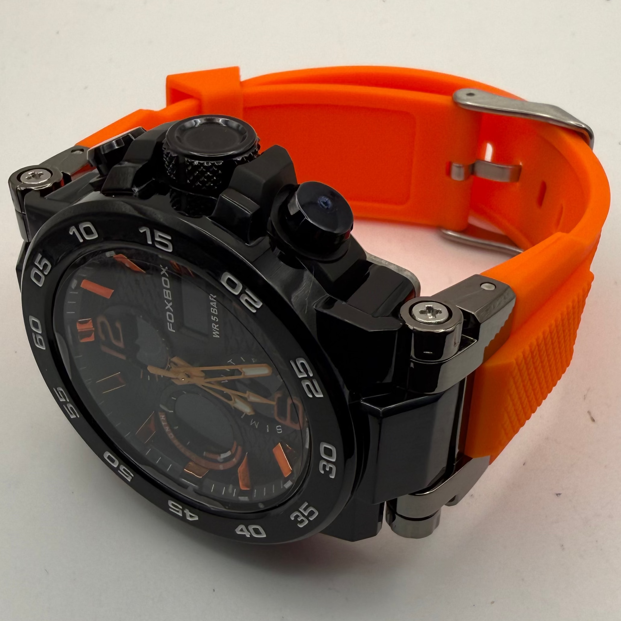 Foxbox Men's Dual Display Sports Watch Black Case Orange Accents Orange Silicone Strap New Boxed- £25.00