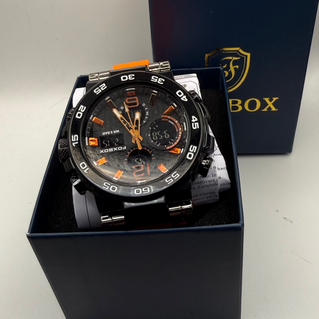Foxbox Men's Dual Display Sports Watch Black Case Orange Accents Orange Silicone Strap New Boxed- £25.00