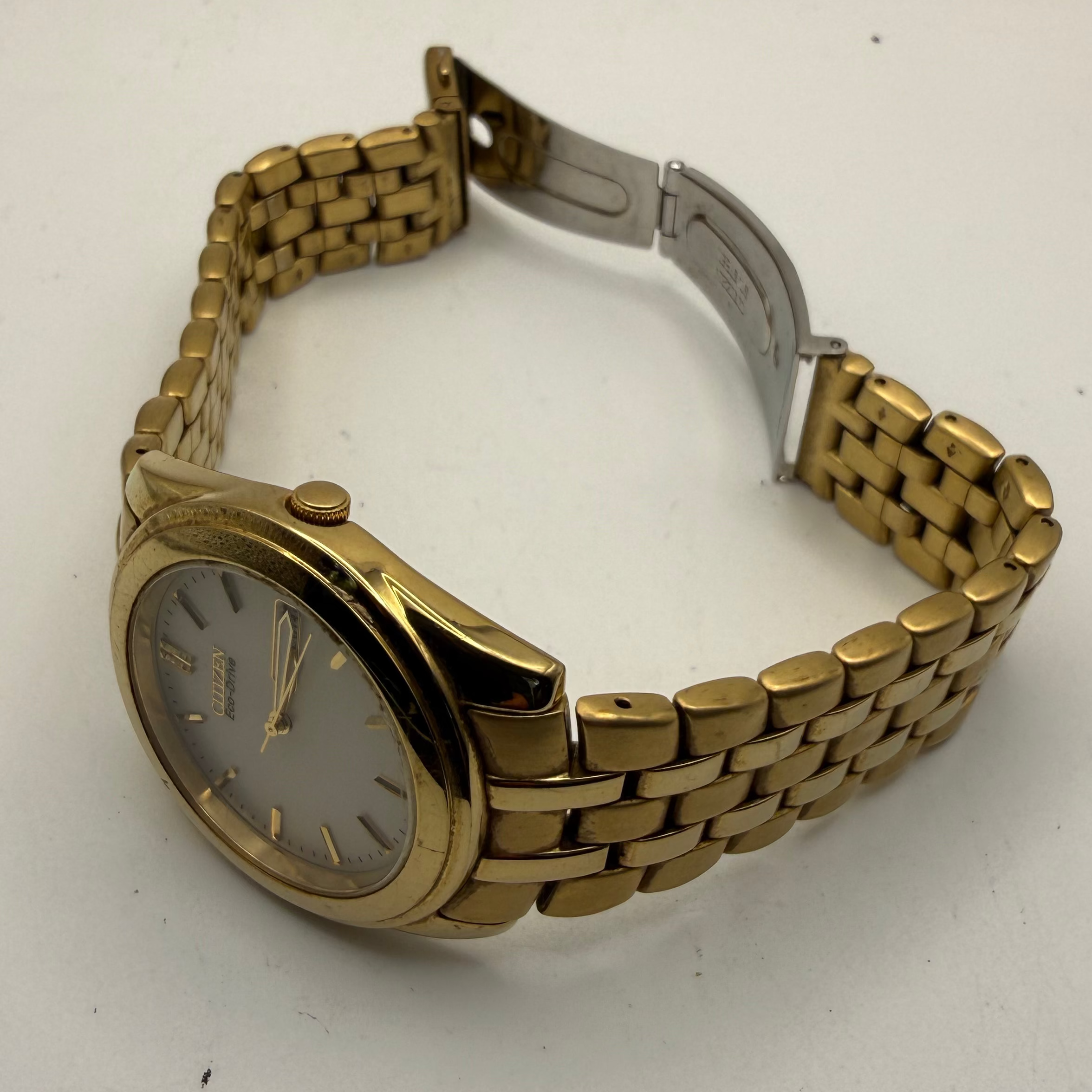Citizen Eco-Drive Day Date E100 Gold Tone Bracelet Watch White Dial Boxed- £80.00