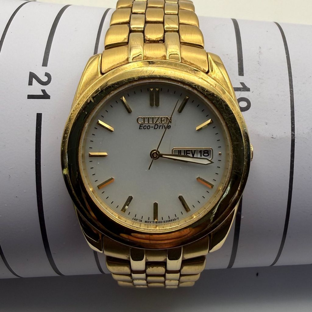 Citizen Eco-Drive Day Date E100 Gold Tone Bracelet Watch White Dial Boxed- £80.00