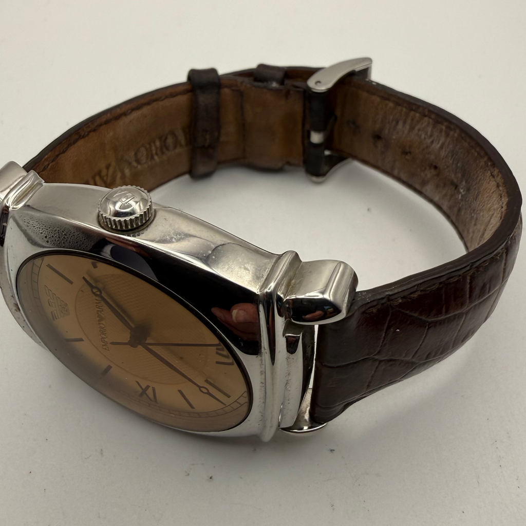 Emporio Armani AR-0747 Men’s Dress Watch Champagne Dial Brown Leather Strap Full Set- £45.00