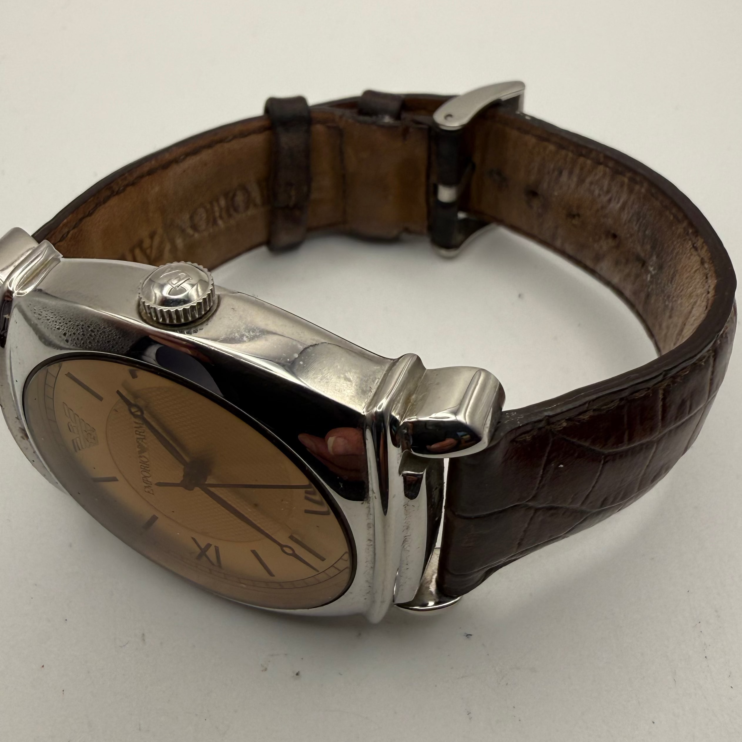 Emporio Armani AR-0747 Men’s Dress Watch Champagne Dial Brown Leather Strap Full Set- £45.00