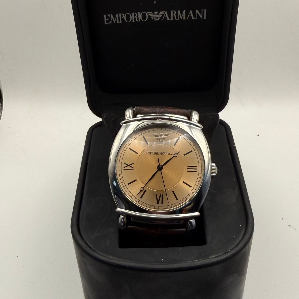 Emporio Armani AR-0747 Men’s Dress Watch Champagne Dial Brown Leather Strap Full Set- £45.00