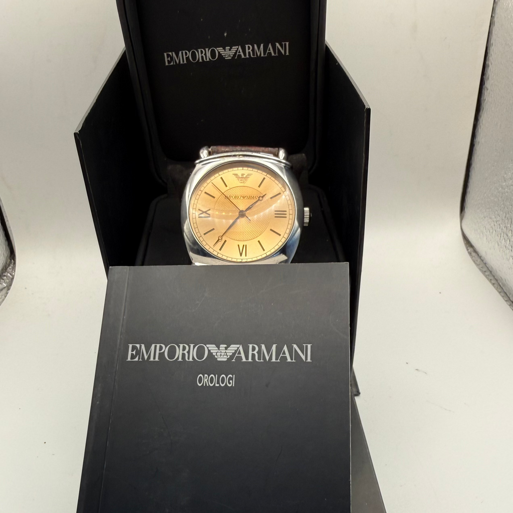 Emporio Armani AR-0747 Men’s Dress Watch Champagne Dial Brown Leather Strap Full Set- £45.00