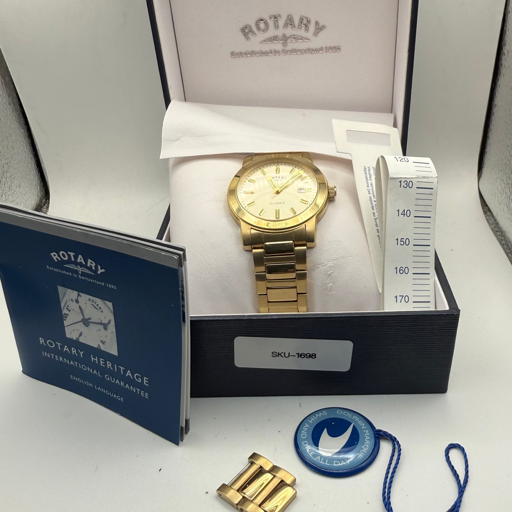 Rotary Classic Gold Tone Date Bracelet Watch Full Set 20cm Bracelet- £60.00