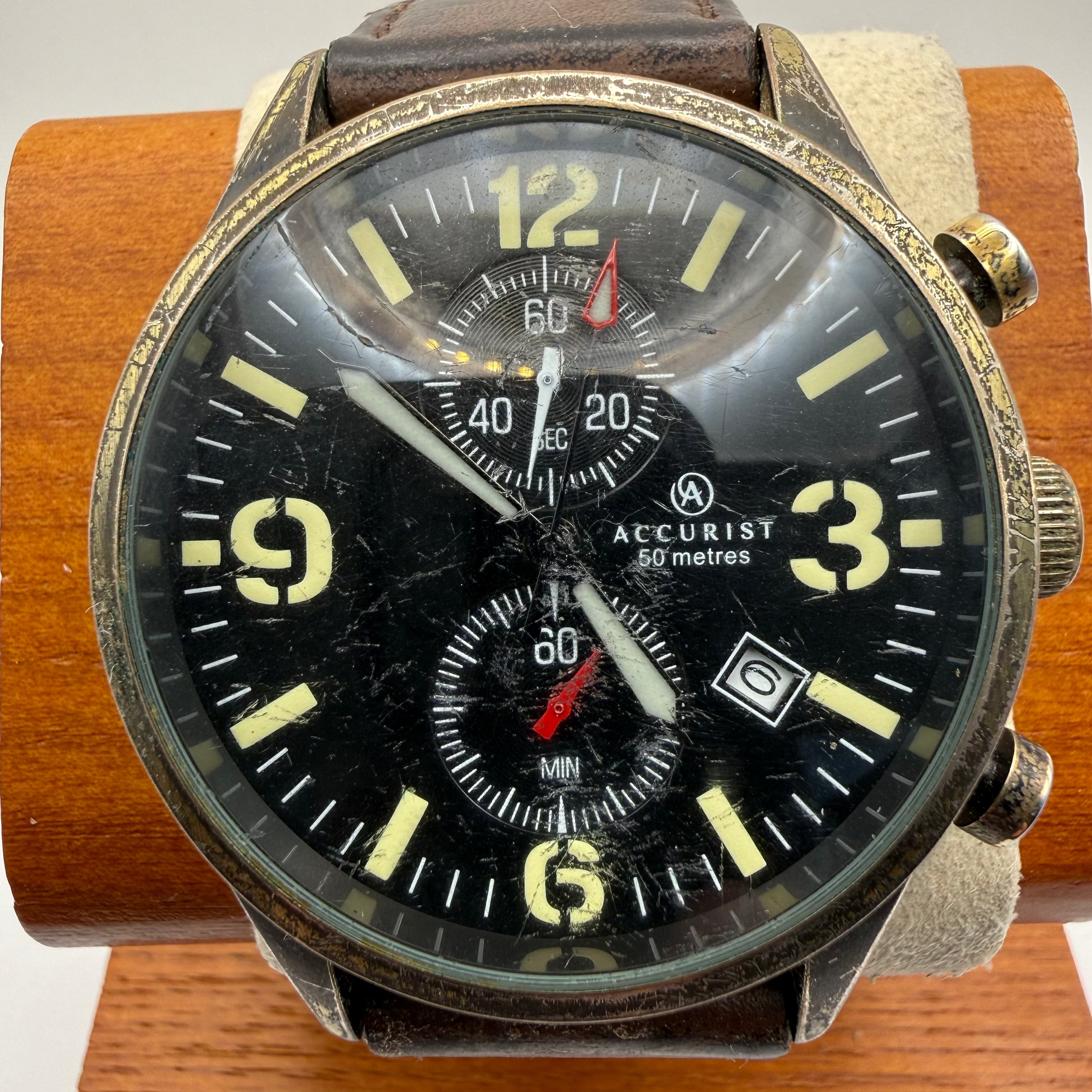 Accurist Pre-Loved Vintage-Patina Chronograph with Leather Strap- £30.00