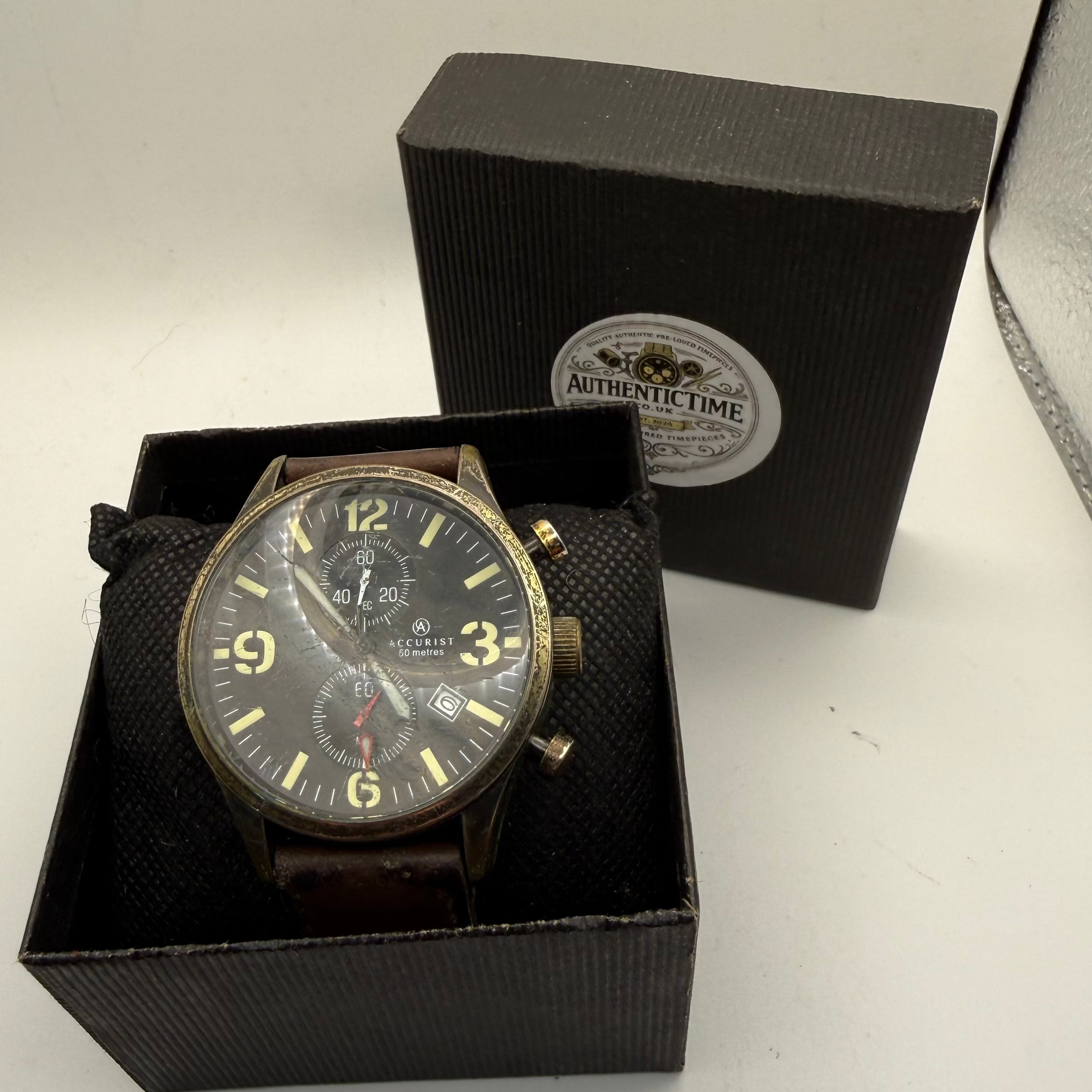 Accurist Pre-Loved Vintage-Patina Chronograph with Leather Strap- £30.00