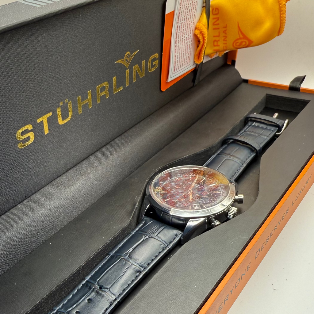 Stuhrling Original Chronograph Quartz 42.5mm Blue Dial – New in Box Full Set- £110.00