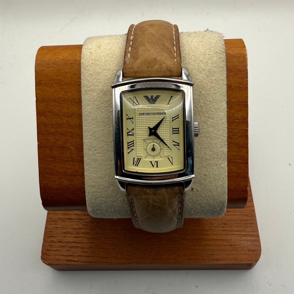 Emporio Armani AR-0236 Rectangular Cream Dial Leather Strap Watch – Pre-Loved- £30.00