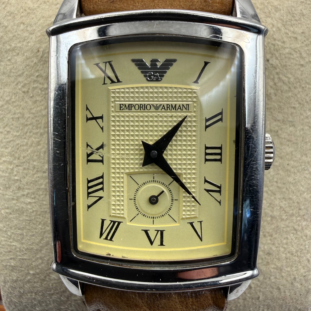 Emporio Armani AR-0236 Rectangular Cream Dial Leather Strap Watch – Pre-Loved- £30.00