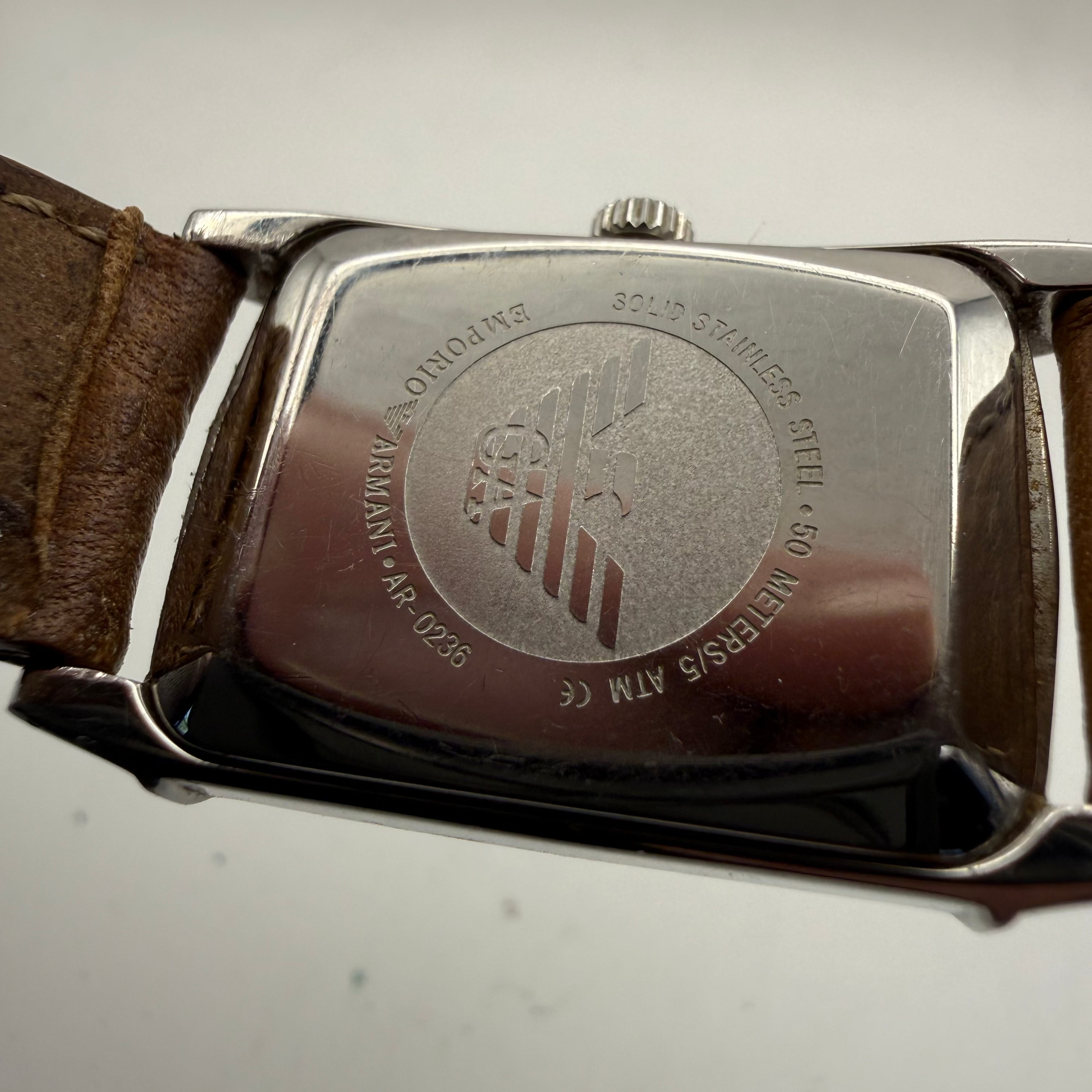 Emporio Armani AR-0236 Rectangular Cream Dial Leather Strap Watch – Pre-Loved- £30.00