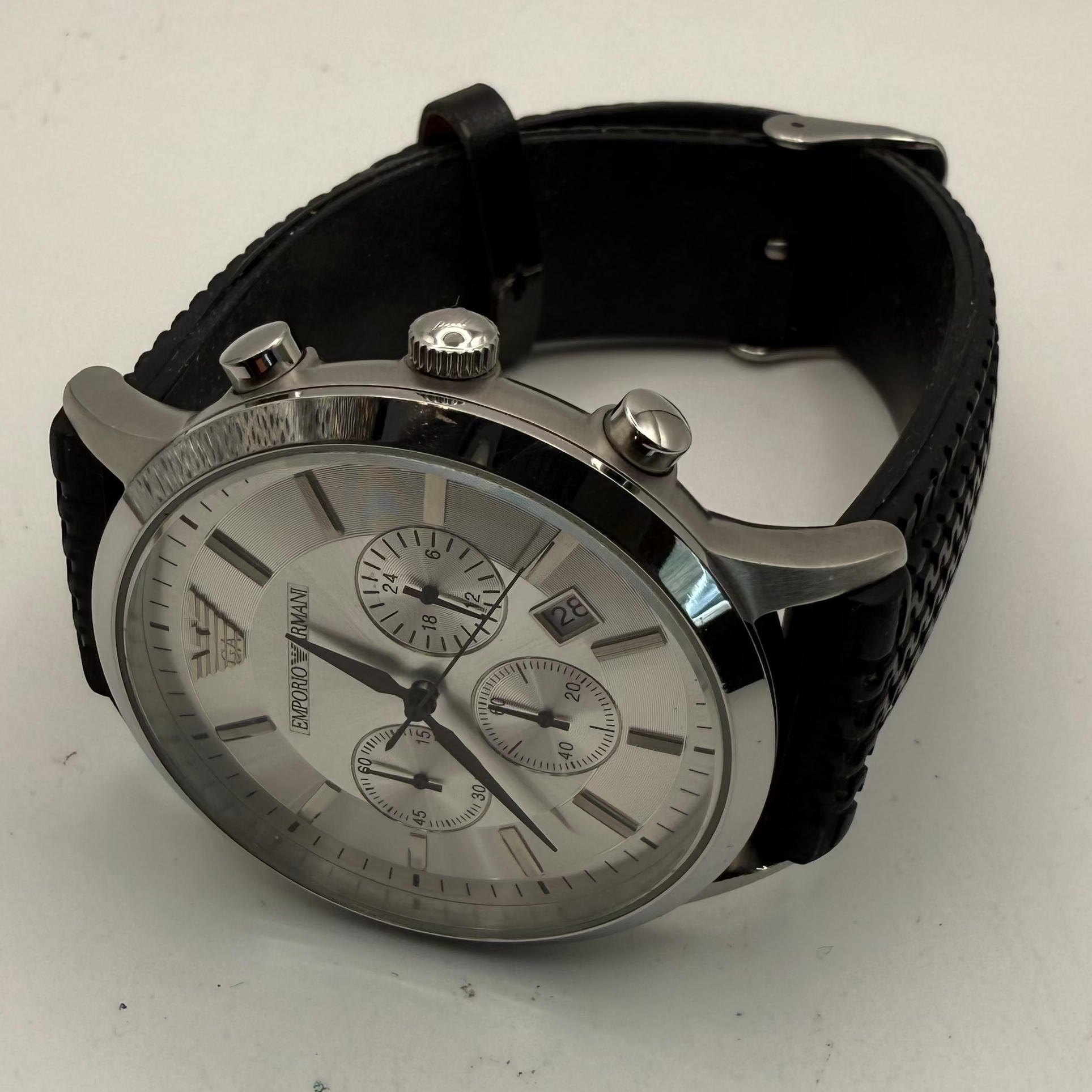 Emporio Armani AR-2432 Men’s Silver Chronograph Watch – Black Strap- £45.00