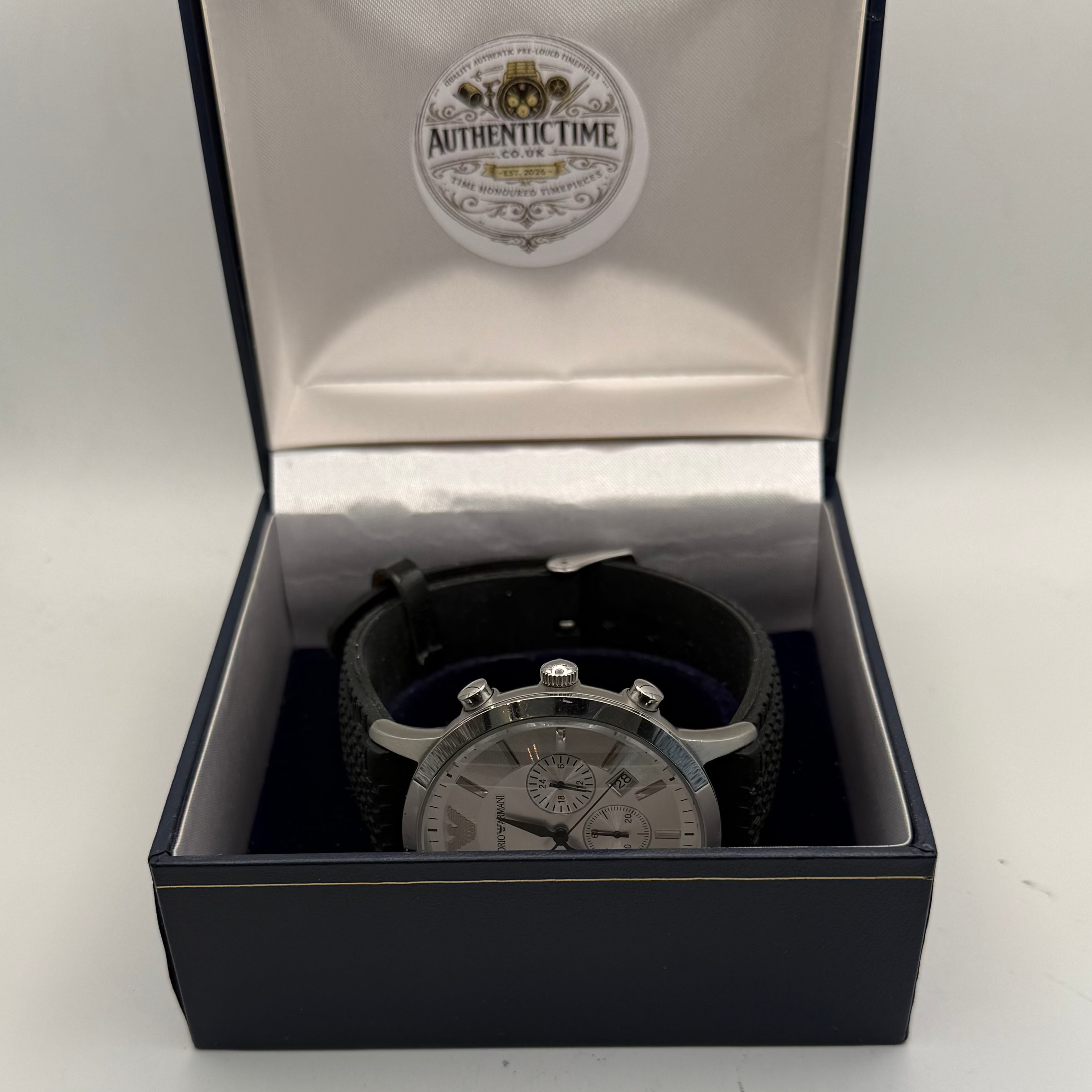 Emporio Armani AR-2432 Men’s Silver Chronograph Watch – Black Strap- £45.00