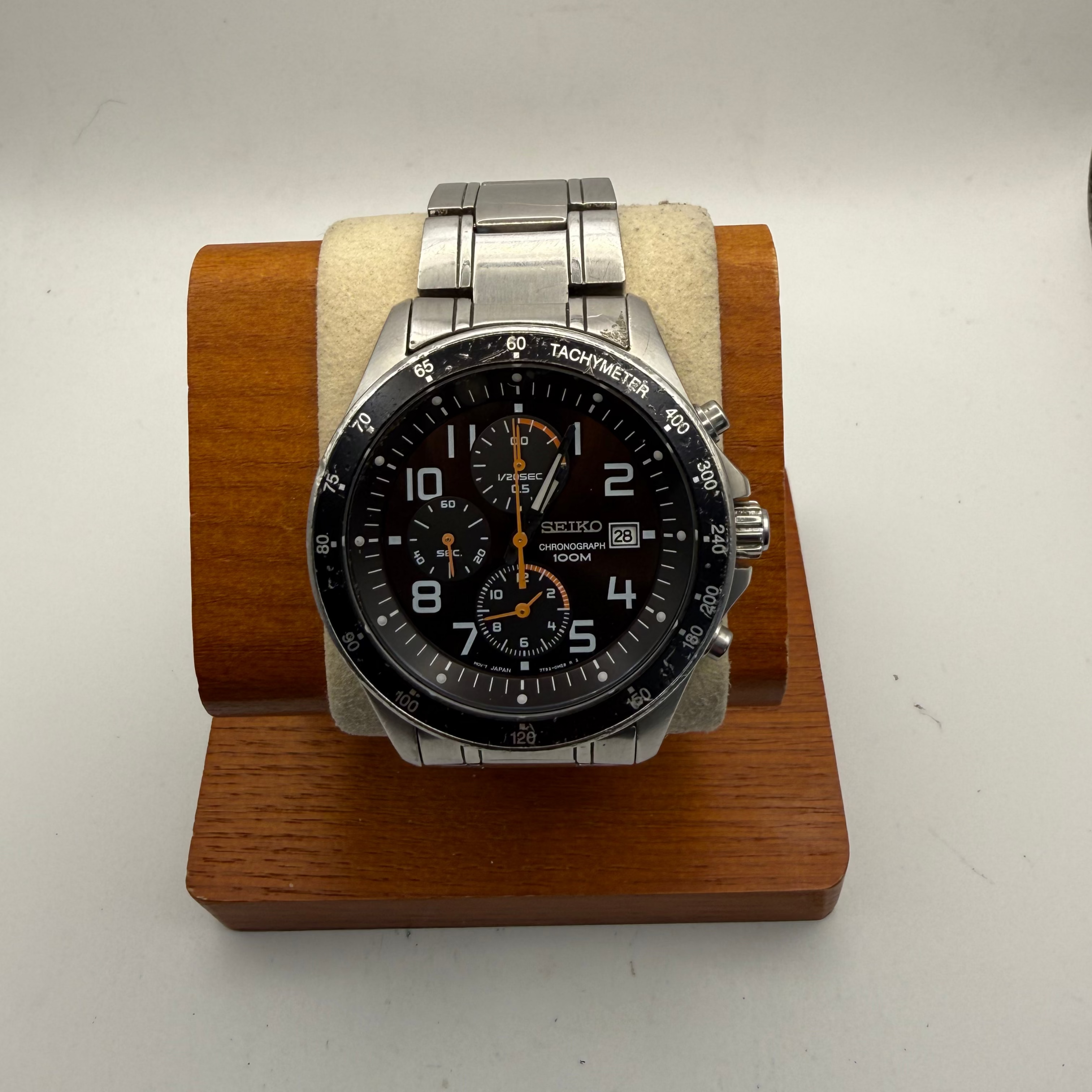 Seiko Chronograph 100M Tachymeter – Black Dial Orange Accents | Full Service- £130.00