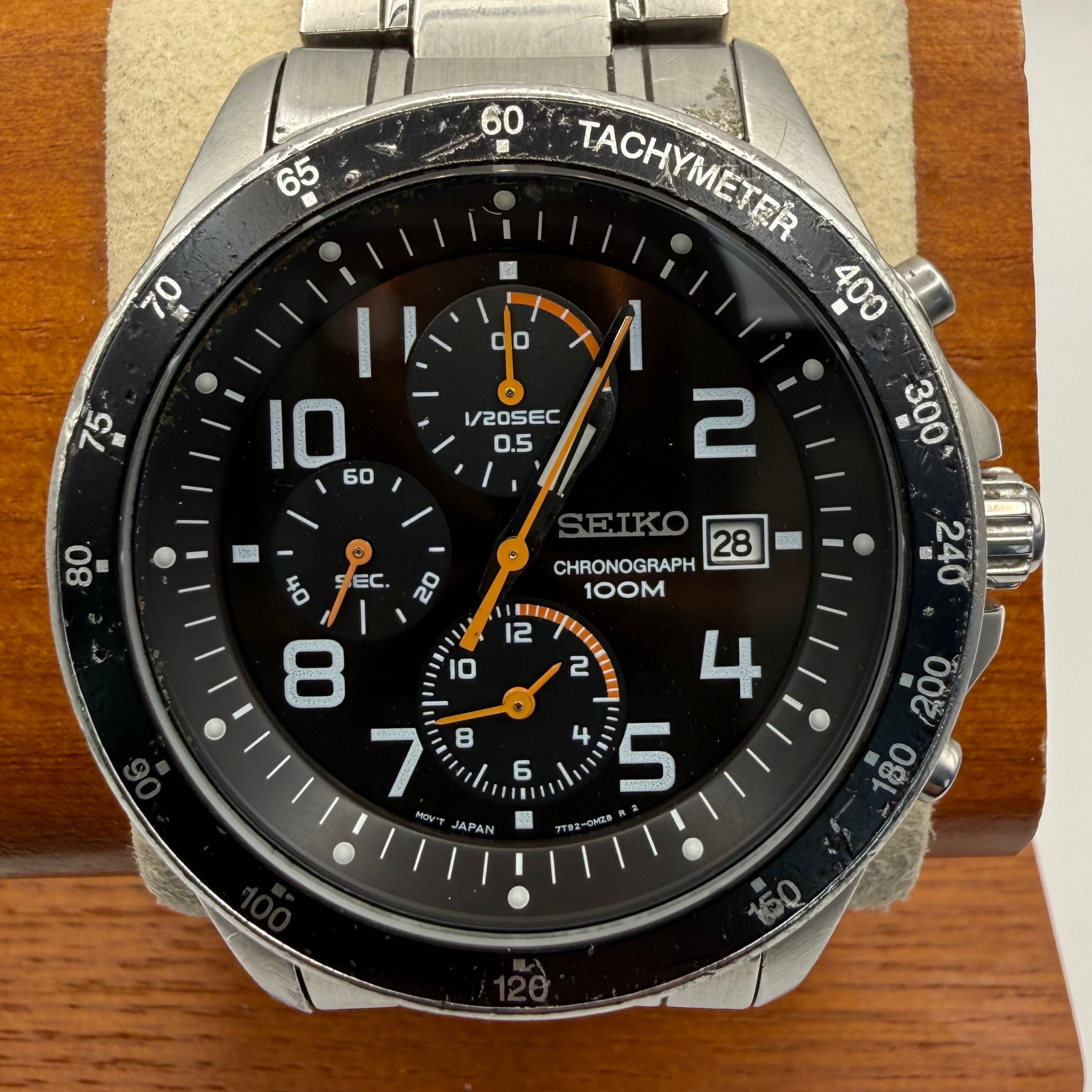 Seiko Chronograph 100M Tachymeter – Black Dial Orange Accents | Full Service- £130.00