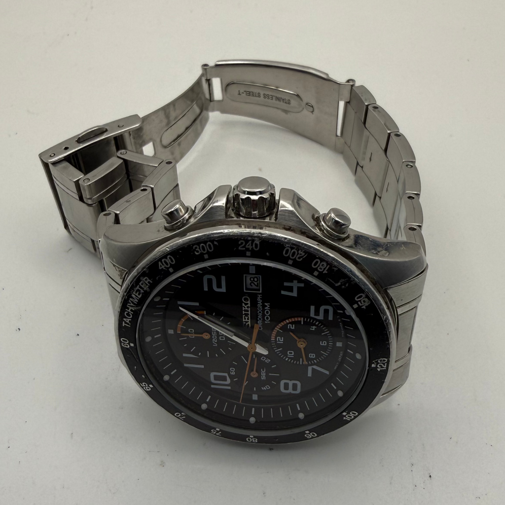 Seiko Chronograph 100M Tachymeter – Black Dial Orange Accents | Full Service- £130.00
