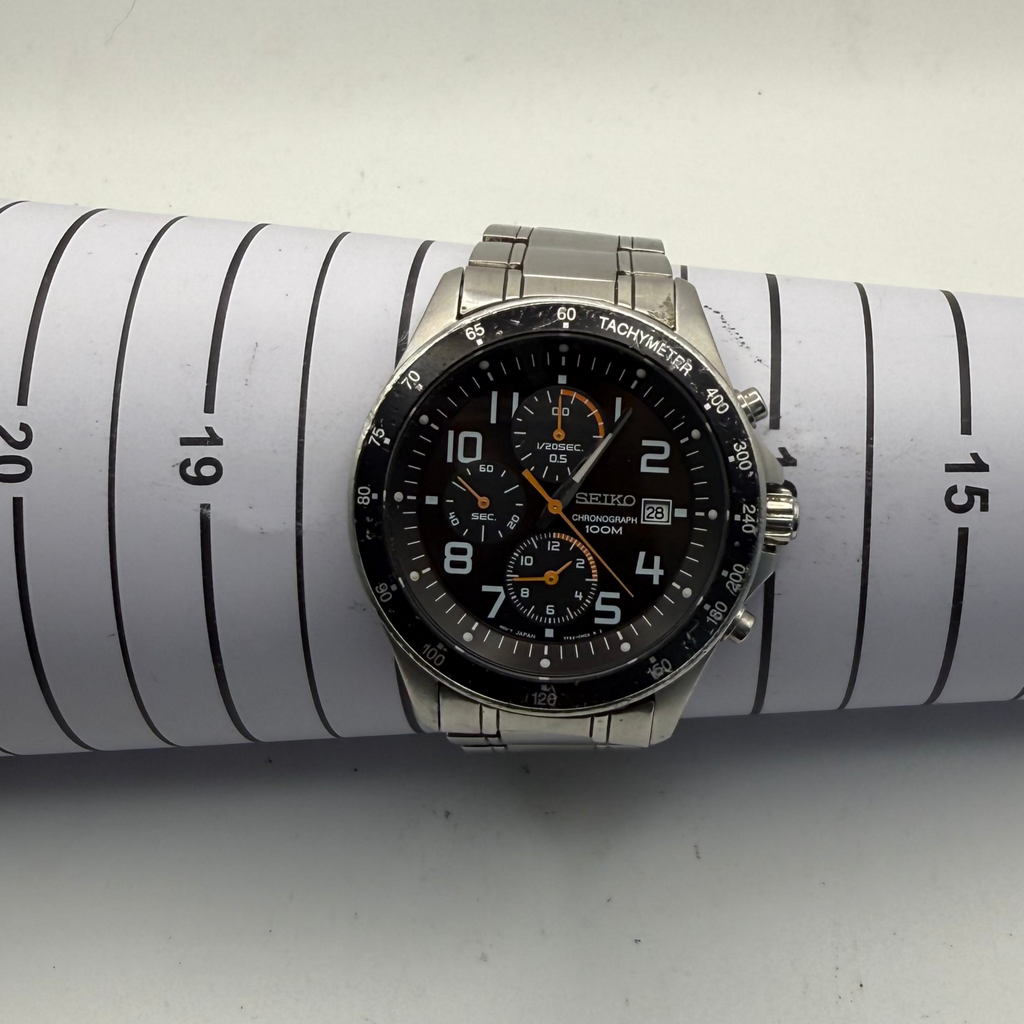 Seiko Chronograph 100M Tachymeter – Black Dial Orange Accents | Full Service- £130.00