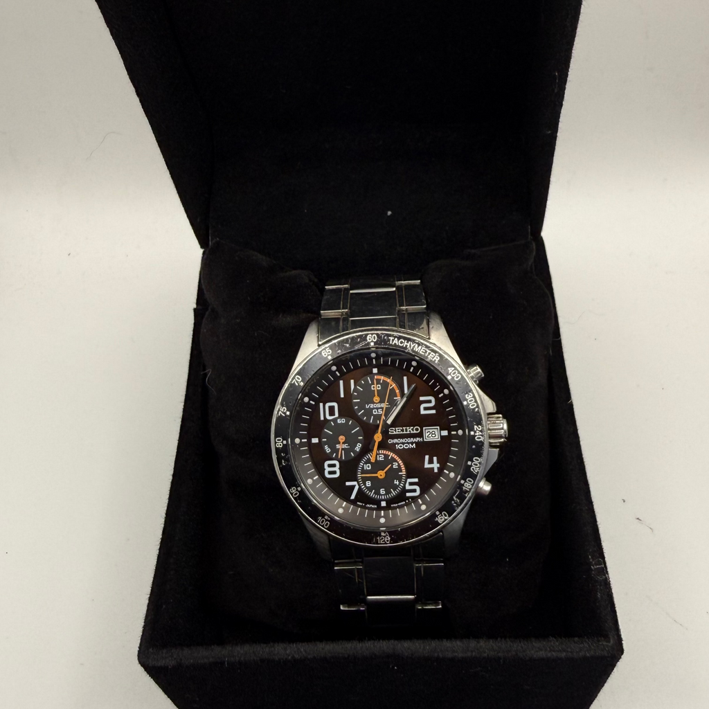 Seiko Chronograph 100M Tachymeter – Black Dial Orange Accents | Full Service- £130.00