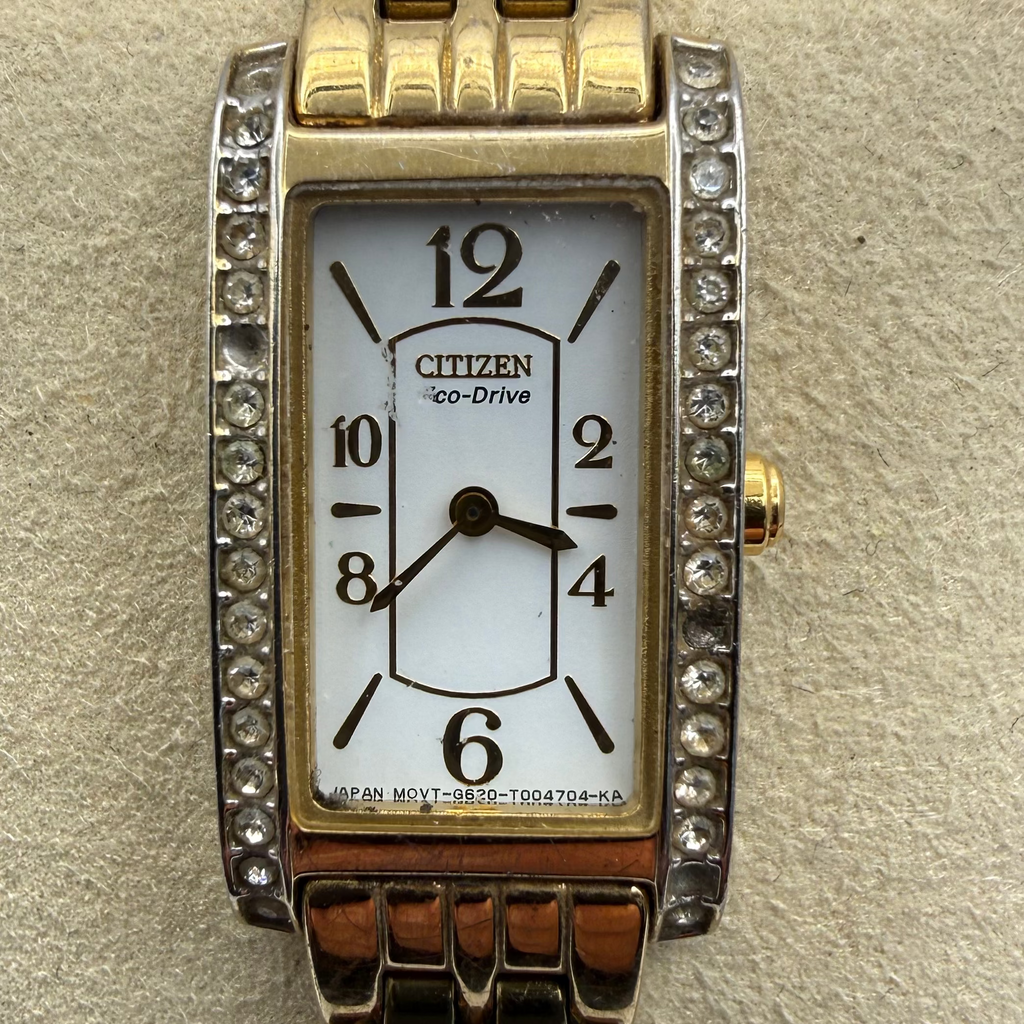 Citizen Eco-Drive Ladies Gold Tone Rectangular Crystal Set Watch G620 (Fully Tested and Working)- £40.00