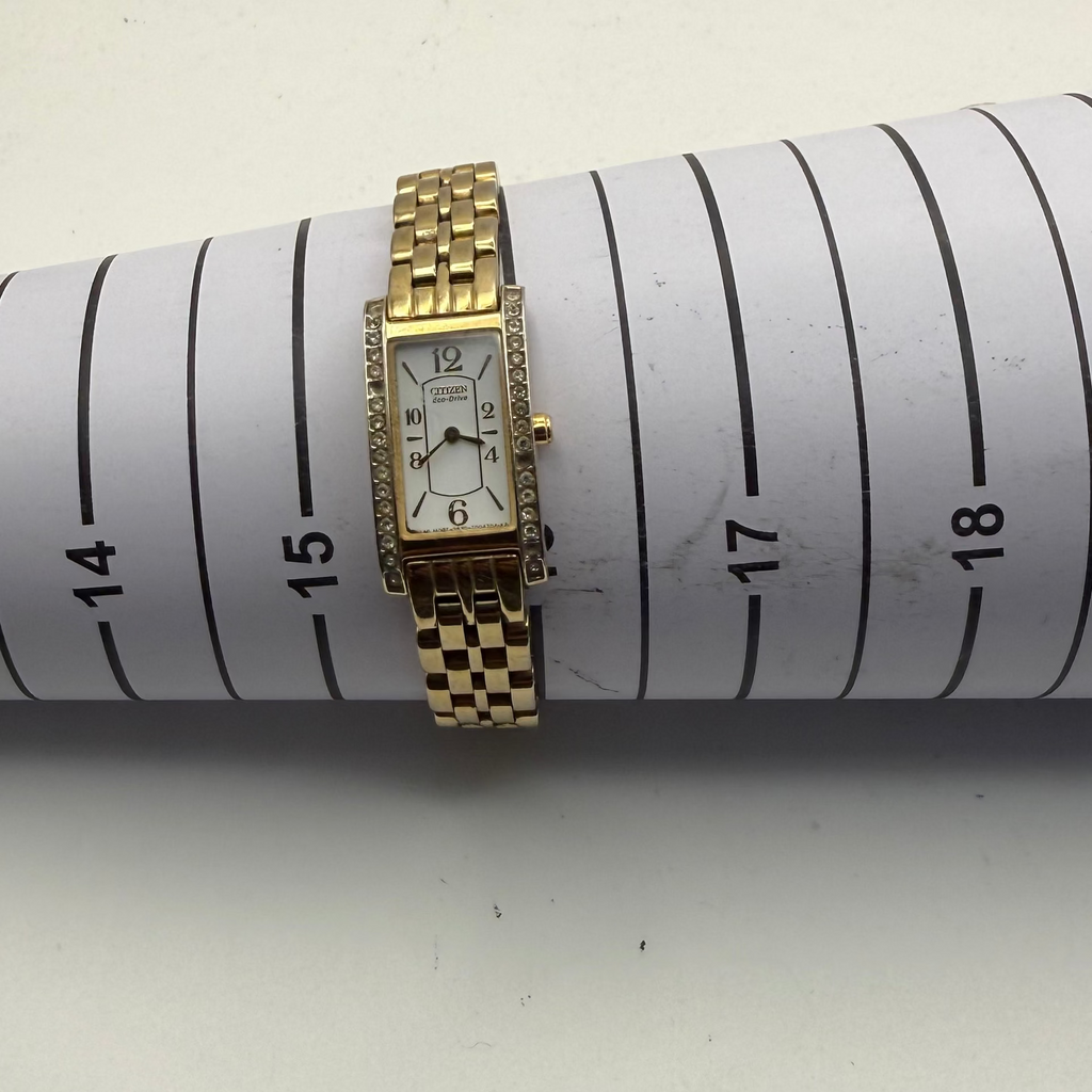 Citizen Eco-Drive Ladies Gold Tone Rectangular Crystal Set Watch G620 (Fully Tested and Working)- £40.00