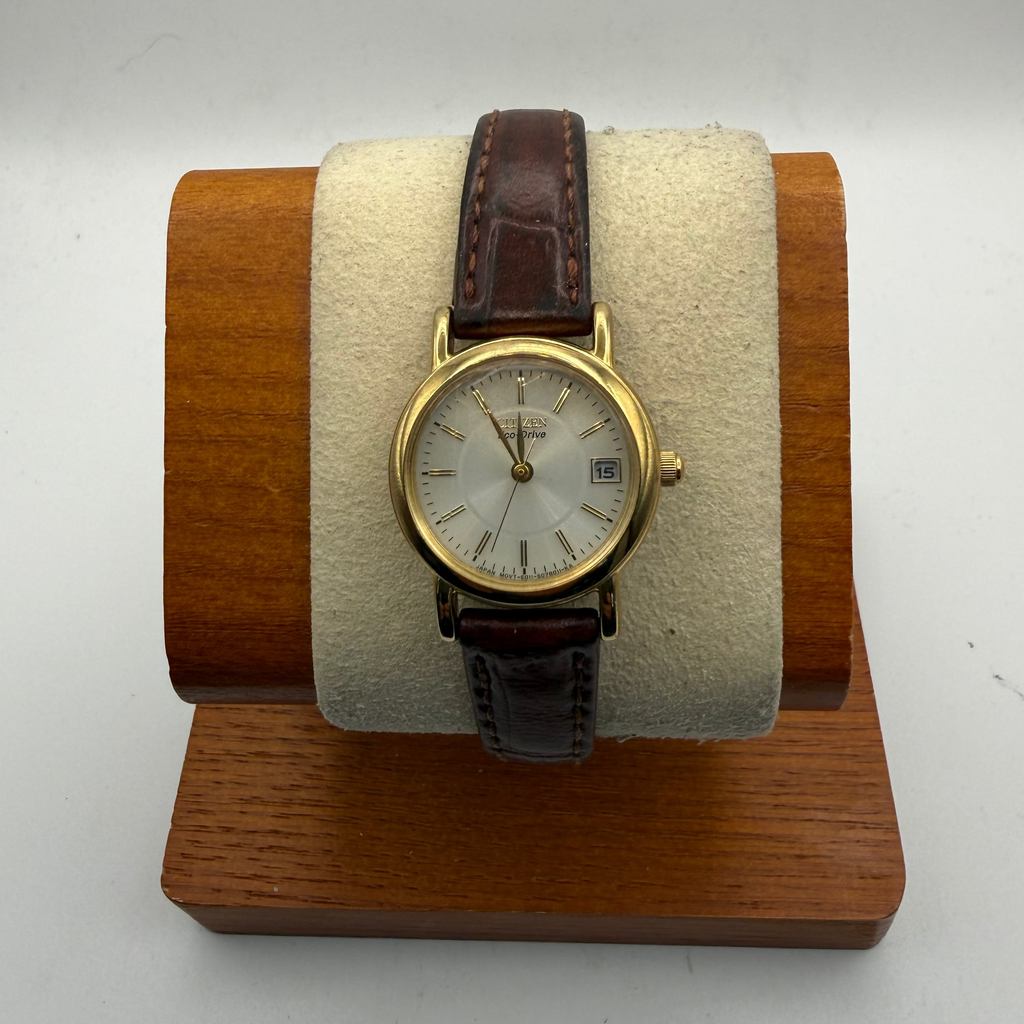 Citizen Eco-Drive Ladies Gold Tone Date Watch White Dial Leather Strap (Fully Tested and Working)- £40.00